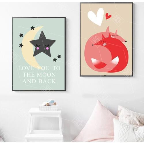 Nordic Minimalist Cute Fox Star Cartoon Canvas Painting Wall Art Print Poster For Kids Room Bedroom Decoration Picture No Framed