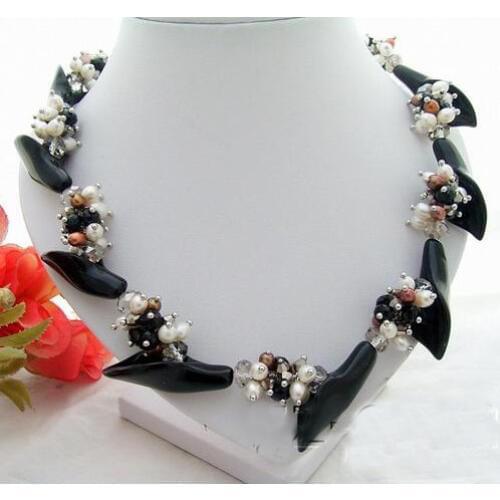 Perfect Handmade Luck Pearl Jewellery,Black On-yx Flower Crystal Beads Genuine Freshwater Pearl Necklace,Free Shipping