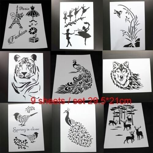 9pc Stencil Bullet Journal Peacock Painting Template DIY Embossing Craft Accessories Sjablonen For Scrapbooking Decor Reusable