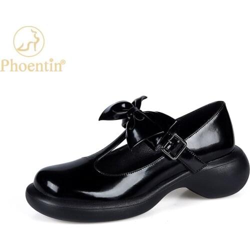 Phoentin Lolita Bow Shoes Retro big round Toe Tstrap mary janes 2021 Autumn new Womans Genuine Leather mid Heel Pumps FT1668
