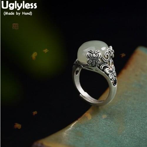 Uglyless Real 990 Silver Fine Jewelry Handmade Nature Jade Women Opening Finger Rings Hollow Ethnic Butterfly Ring Flower Bijoux