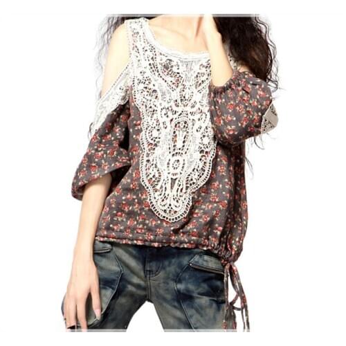 2017 Summer Women Blouse shirt Elegant High quality Lace Cotton Print Blusa Top