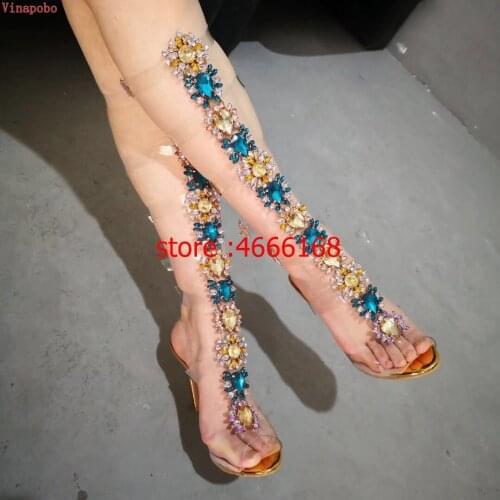 Bling Rhinestone Lady Gladiator Knee High Boots high Heels Stiletto Woman Summer Sandal Boots Crystal Dress Shoes Bohemia Style