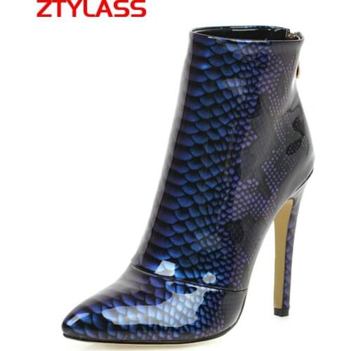 Snakeskin Pattern Women Ankle Boots Pointed Toe Super High Heel Woman Boots Autumn Winter Zipper Women Shoes