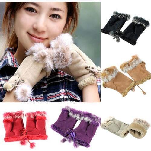 Womens Winter Faux Rabbit Fur Faux Leather Fingerless Mittens Wrist Gloves Christmas gift handschoenen перчатки женские
