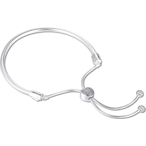 QANDOCCI Moments Bracelet femme 925 Sterling Silver Pave Heart Clasp Snake Chain Slider Charm Bracelets for Women DIY Jewelry