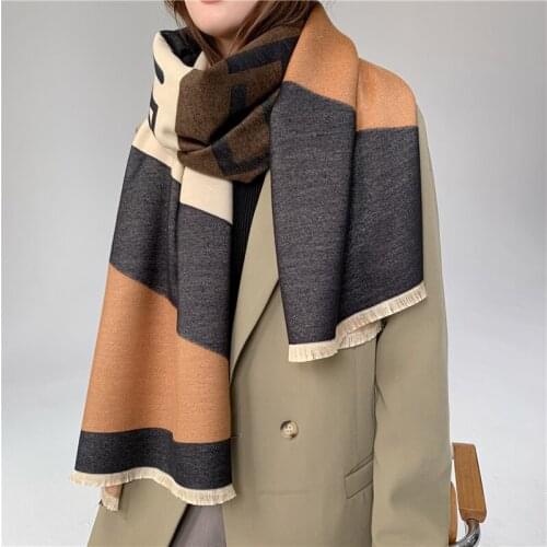 Luna&Dolphin Women Winter Scarf Warm Knitted Color Matching Soft Woolen Tippet Imitation Cashmere Pashmina Blanket Big Shawl