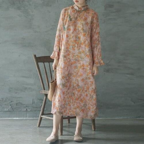 Johnature Women Ramie Cheongsam Stand Long Sleeve Print Floral Vintage Dress 2021 Autumn New Comfortable Chinese Style Dress