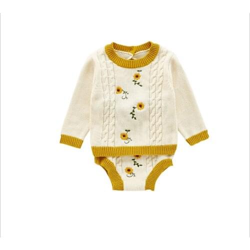2020 New Fall Autumn Infant Baby Girls 2Pcs Set Embroidery Sunflower Long Sleeve Sweater Top+Shorts Knit Clothes Outfits