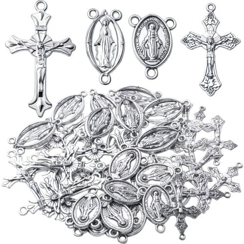 40pcs Antique Silver Alloy Rosary Cross and Center Miraculous Jesus Maria Our Lady Crucifix Medal Charms for Rosary Holy Beads
