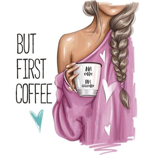 Applique Thermo Stickers On Clothes But First Coffee Patches Stripes Heat-Sensitive Iron On Transfers For Clothing Flower Toppe