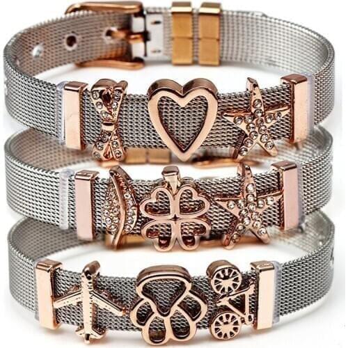 Two-tone Stainless Steel Mesh Bracelet Set Love Heart Crystal Charm Brand Bracelet Bangle Woman Lover Girlfriend Gift