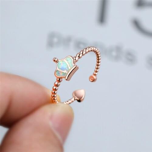 Elegant Love Heart Crown Engagement Ring Cute Female Queen Wedding Opal Ring Boho Rose Gold Silver Color Opening Rings For Women