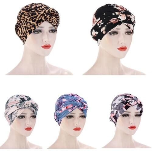 Indian Turban Print Chemo Cap Muslim Hijab Knot Twist Bonnet Islamic Hair Loss Cover Beanies Headscarf Headwear Cancer Hat Scarf