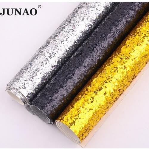JUNAO 20*34cm Gold Silver Black Chunky Glitter Artificial Leather Fabric Faux Leather Sheets Sequins Fabric Leatherette Crafts