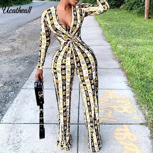 Deep V Overalls Female Rompers Slim Playsuit Long Sleeve Bodysuits For Women Notched Printed Women Jumpsuits