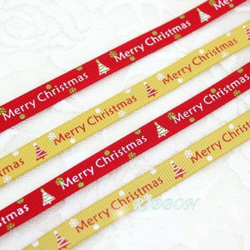 3/8''(10mm) Red Yellow printed grosgrain ribbon Merry Christmas satin ribbons Decorative Gift Packing Wedding supplies 2 meters