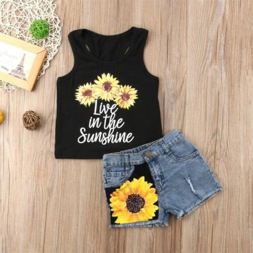 Pudcoco 2020 Summer Toddler Baby Girl Clothes Sets Sunflower Tops T-Shirt Denim Shorts 2Pcs Outfits Cotton Clothing 2-6Y