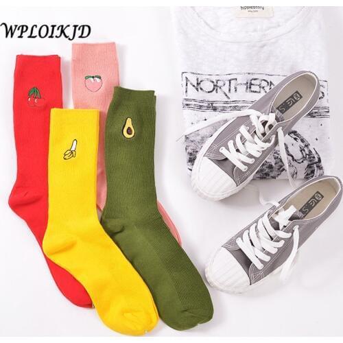 [WPLOIKJD] Cute Cartoon Fruit Print Banana Cherry Peach Avocado Kawaii Socks Meias Korea Harajuku Emabroidery Heap Funny Socks