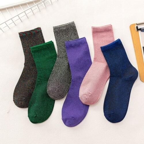 Spring Summer Women Casual Embroidery Socks Glitter Fashionabl e Silver Gold Silk Colorful Shining Female Solid Color Sock