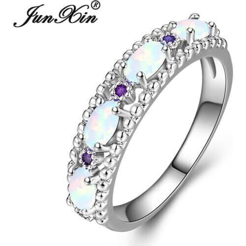 Charm Oval White Fire Opal Ring Purple Rose Red Crystal Stone Rings For Women Wedding Bands Stacking Engagement Ring Jewelry CZ