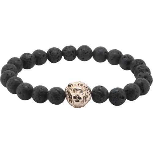 Wholesale 2016 New High Quality Natural Volcano Stone Beaded Bracelet Strand Style ,24k Gold Color Lion Head Charm Bracelet