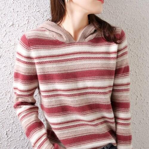 2021 Autumn Winter 100% Wool Cashmere Sweater Women Knitted Hooded Warm Ladies Grade Up Striped Pullovers Soft Warm Tops