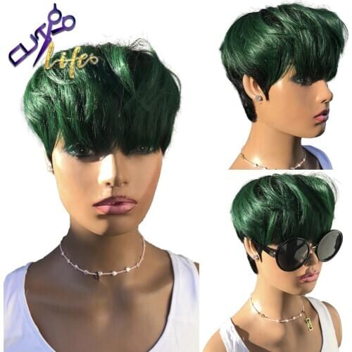 Cheap Green Pixie Short Cut Straight Bob Wig 100% Human Hair Wigs No lace Glueless Wigs Brazilian Remy Hair Wigs For Women Life