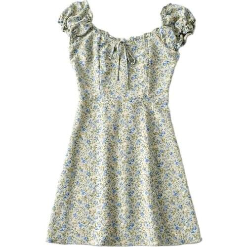 Summer women holiday bowknot stretch Bandage floral Dress Lace puff sleeve vintage Printed Dresses beach Slim A-Line Vestidos