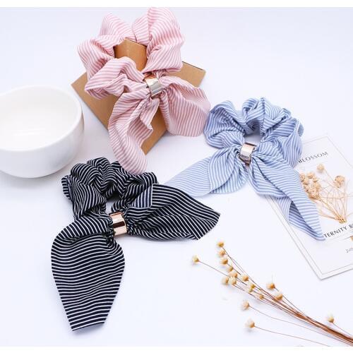 Cute Rabbit Ear Striped Hair Scrunchies Elastic Hair Bands Ties Rope Bands Ponytail Holder Hair Accessories Girls Rubber Bands