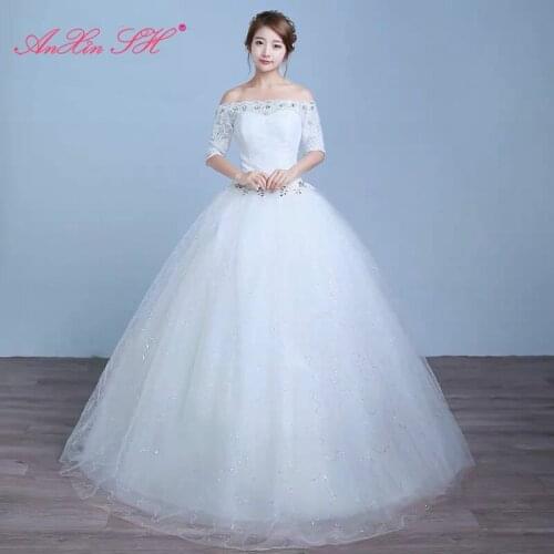 AnXin SH white flower lace wedding Dress princess half sleeve boat neck golden red lace beading crystal wedding dress