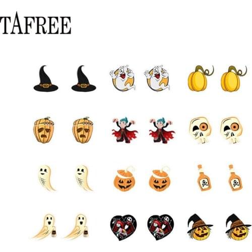 TAFREE Pumpkin Skeleton Epoxy Witch Clip On Earrings Funny Face Halloween Small Bat Girls Fashion Jewelry C1535