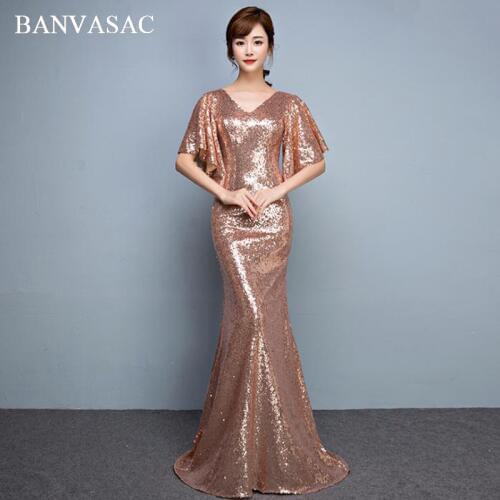 BANVASAC 2018 V Neck Rose Gold Sequined Mermaid Long Evening Dresses Elegant Party Half Sleeve Backless Prom Gowns
