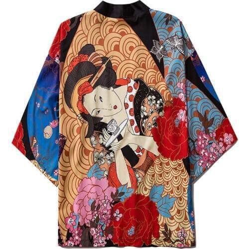 Japanese Kimono Streetwear Ukiyo-e Flower Print Kimono Cosplay Cardigan Robe Haori Obi Traditional Japanese Clothes Women Men