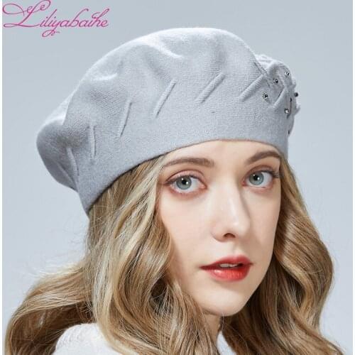 Liliyabaihe women winter hat Wool knit berets High-end diamonds of the same color decoration Popular folds fashion lady hat