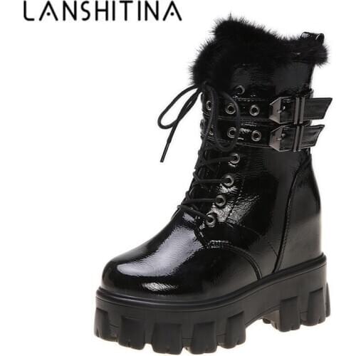 New Punk Boots Women Leather Platform Chunky Sneakers Autumn 10CM Wedge Heels Ankle Boots Woman Winter Fur Warm Motorcycle Boots