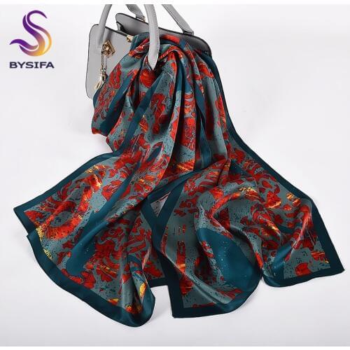 [BYSIFA] New Brand Red Blue Women Silk Long Scarves Shawls Spring Autumn Ladies100% Natural Silk Scarf Elegant Winter Scarf Cape