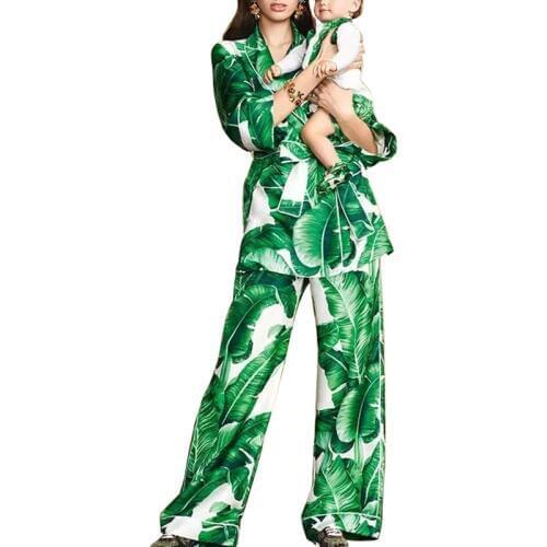 Runway 2018 autumn and winter new banana leaf print suit female suit collar pajamas coat jacket + straight pants two sets