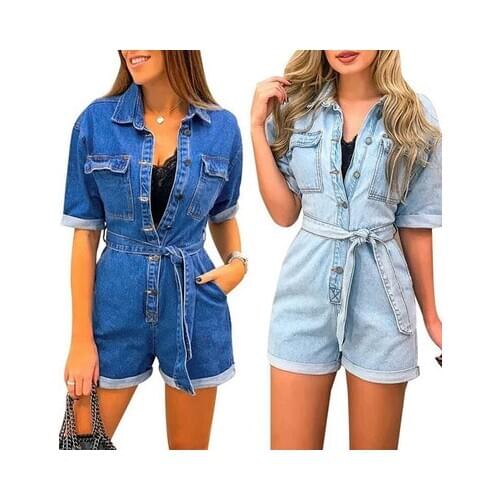 Women Belt Solid color Denim Lapel Single-breasted Jumpsuit Casual Street Style Ladies Fashion Harajuku Pocket Denim Jumpsuit