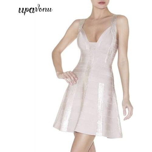 Free Shipping 2021 New Womens Color Block Bandage Dress Sexy V-neck Sleeveless Backless A-line Dress Celebrity Club Party Dress