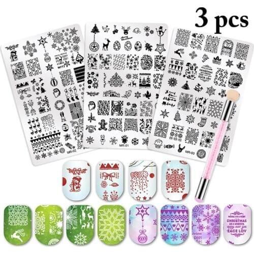 3PCS/1Set Christmas Nail Stamp Plate DIY Metal Assorted Nail Plate with Nail Art Pen Nail Art Stencils Template Nail Stamp Tools