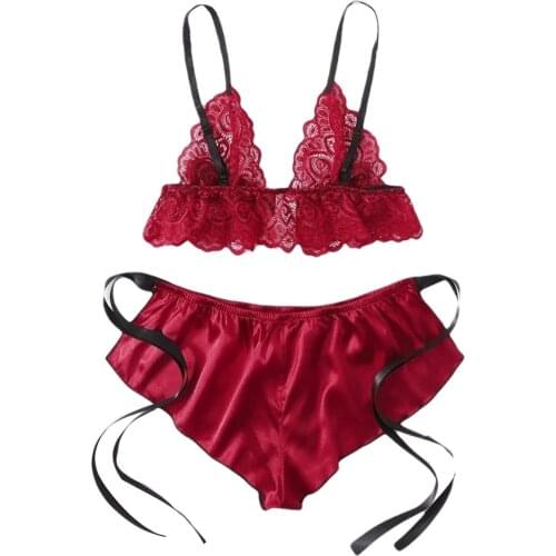 Womens 2 Pieces Lingerie Set Sexy Sheer Lace Bralette Top and Stain Shorts Set Nightwear
