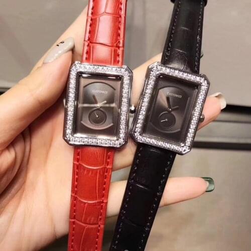 Luxury Brand Genuine Leather Watch Rectangle Quartz BoyFriend watch Women Watches real cow leather boy friend cz watch