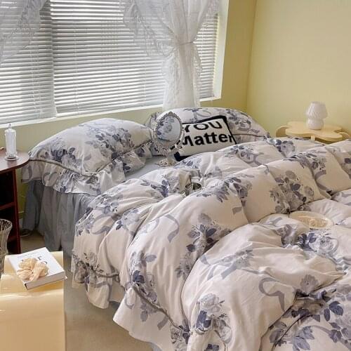 Korean INS Style Exquisite Bedding Set Pure Cotton Printing Retro Rose Quilt Cover French Bed Skirt Pillowcase Full Queen 4 PCS