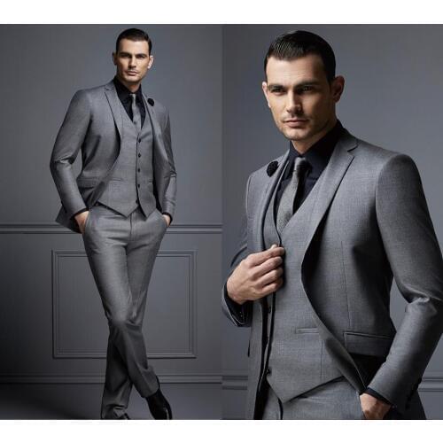 Handsome Dark Grey Mens Suit New Fashion Groom Suit Wedding Suits For Best Men Slim Fit Groom Tuxedos For Man(Jacket+Vest+Pants)