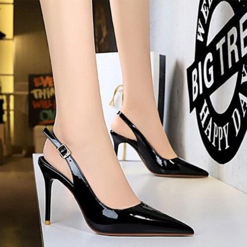 Summer Female Office Pumps Pointed Toe Patent Leather Metal Heel 9.5cm High Heels Ladies Solid Plus Size Sexy CLub Womans Shoes