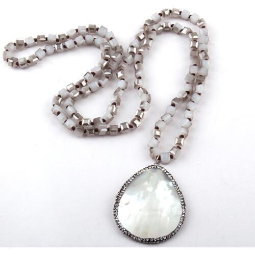 MOODPC Fashion Rustic Soldered Artisan Jewelry Square Crystal Glass Beads knotted with Shell,Crystal Tassel Charm Necklace