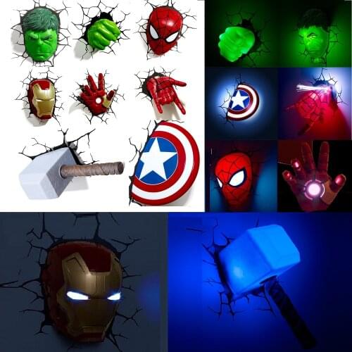 Avengers Marvel Iron Man Hulk Hand Superhero 3D LED Wall Lamp Creative Sticker Hanging Night Light For Christmas Kids Gift