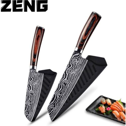 ZENG Damascus Chef Knife VG10 Professional Kitchen Knife Cleaver Cooking Tool Exquisite Plum Rivet G10 Handle With Knives Cover