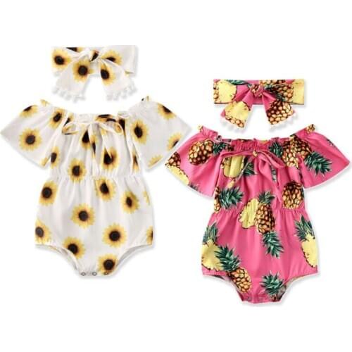 Newborn Baby Girls Flowers Romper Bodysuit Headband 2pcs Jumpsuit Overalls Clothes Sunsuit Pineapple Sunflowers Ruffles